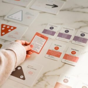 Human design discovery cards. Alle losse kaartjes op tafel en 1 in de hand.